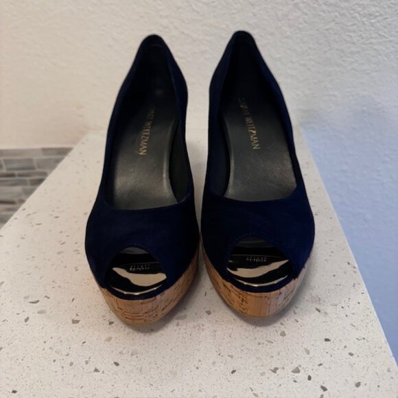 Stuart Weitzman Corkswoon navy and cork espadrille wedge heels - Picture 2 of 10
